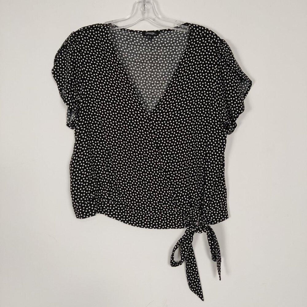 George Women's Blouse Size XL Black White Polka Dot Rayon Lightweight Resortwear